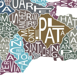 May include: A colorful map of the Dominican Republic with the names of different cities and towns written in white text.