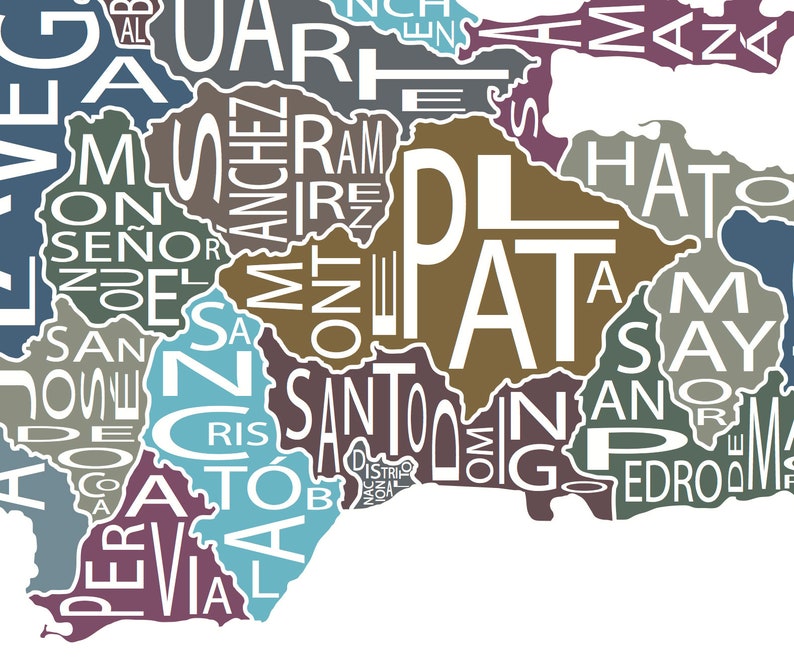 May include: A colorful map of the Dominican Republic with the names of different cities and towns written in white text.