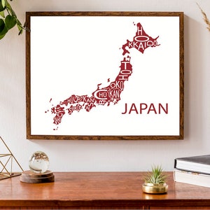 Carte typographique du Japon | Carte du Japon | Régions du Nippon : impression de la carte | Affiche pays d'Asie de l'Est | Poster de carte personnalisée | Illustration de carte personnalisée