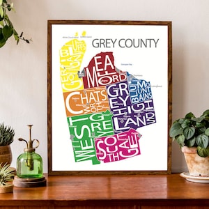 Carte typographique du comté de Grey | Carte de la région de la baie Georgienne | Carte du comté de l'Ontario | Carte du Canada | Poster de carte personnalisée | Illustration de carte personnalisée