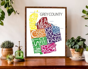 Typographic Map of Grey County | Georgian Bay Area Map | Ontario County Map | Canadian Map | Custom Map Poster | Personalized Map Art