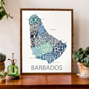 Typographic Map of Barbados Caribbean Island Map West Indies Island Country Map Print Custom Map Poster Personalized Map Print Multi-Blues (Pic 1)