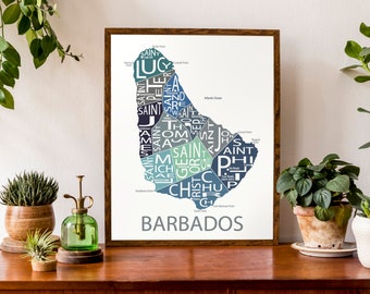 Typographic Map of Barbados | Caribbean Island Map | West Indies Island | Country Map Print | Custom Map Poster | Personalized Map Print