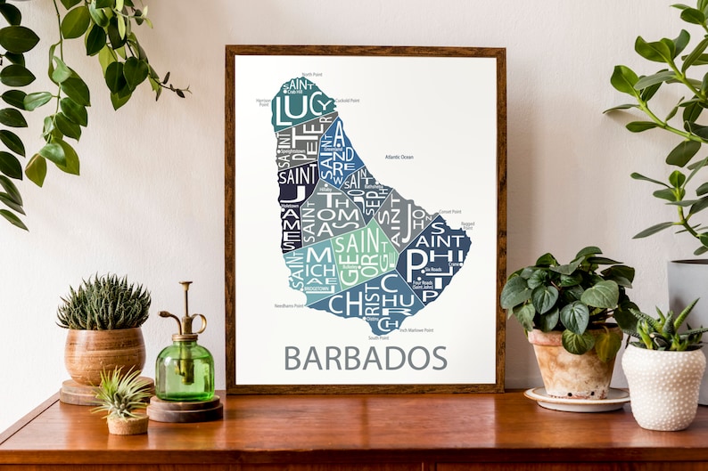 Typographic Map of Barbados Caribbean Island Map West Indies Island Country Map Print Custom Map Poster Personalized Map Print Multi-Blues (Pic 1)