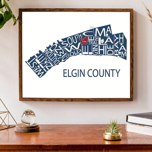 Carte typographique du comté d'Elgin | Impression de carte du comté | Lac Érié | Carte de l'Ontario | Carte du Canada | Poster de carte personnalisée | Impression de carte personnalisée
