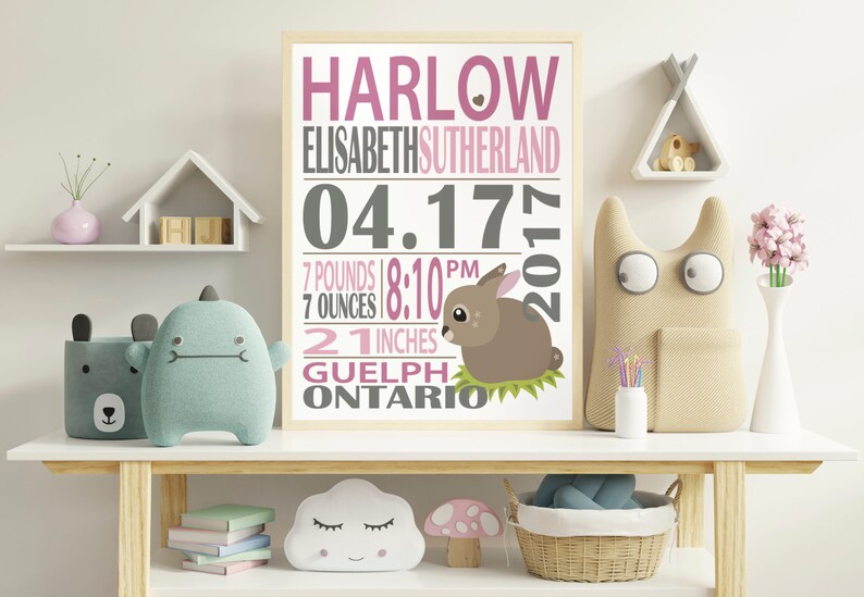 May include: A pink and gray baby announcement poster with a bunny illustration. The poster reads "HARLOW ELISABETH SUTHERLAND 04.17.2017 7 POUNDS 7 OUNCES 8:10 PM 21 INCHES GUELPH ONTARIO".