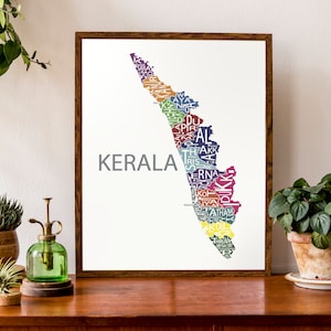 Carte typographique du Kerala, Inde | Carte de l’État indien Imprimer | carte indienne | | d’affiche de carte personnalisée Art cartographique personnalisé
