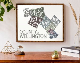 Typographic Map of the County of Wellington | Ontario County Print | Canada Map | Custom Map Poster | Personalized Map Art | Elora | Guelph