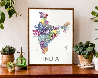 Typographic Map of India | Indian States and Union Territories | Country Map Print | Custom Map Poster | Personalized Map Art