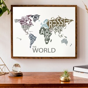 Carte typographique du monde | Carte des continents mondiaux | Affiche de carte personnalisée | Art de la carte personnalisée
