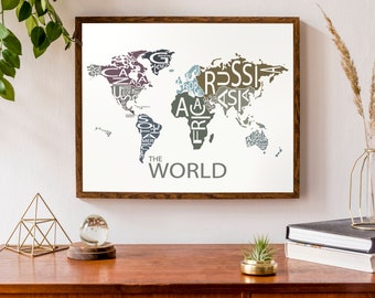 Typographic Map of the World | World Continents Map | Custom Map Poster | Personalized Map Art
