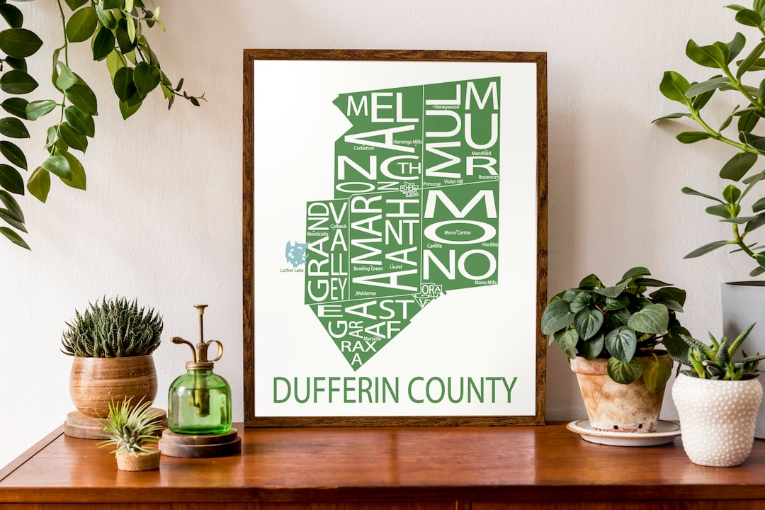 Typographic Map of Dufferin County Ontario County Map Print Etsy