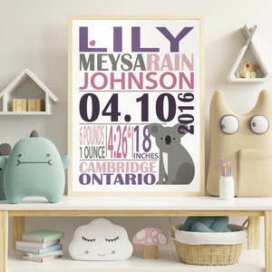 May include: A white framed print with a pink, purple, and gray color scheme. The print features the name "Lily Maysarain Johnson" and the date "04.10.2016". It also includes the baby's weight and length at birth: "6 pounds 4.26" 18 inches". The print also includes the location of birth: "Cambridge Ontario".