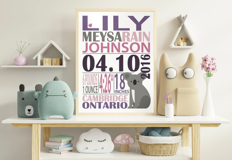 May include: A white framed print with a pink, purple, and gray color scheme. The print features the name "Lily Maysarain Johnson" and the date "04.10.2016". It also includes the baby's weight and length at birth: "6 pounds 4.26" 18 inches". The print also includes the location of birth: "Cambridge Ontario".