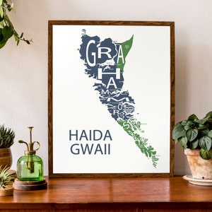 Carte typographique de Haida Gwaii, Colombie-Britannique | Carte des îles de la Reine-Charlotte | Carte du Canada | Poster de carte personnalisée | Impression de carte personnalisée