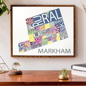 Carte typographique de Markham, Ontario | Carte de quartier Art | Carte de la ville Imprimer | | de la région de York | d’affiche de carte personnalisée Impression de carte personnalisée