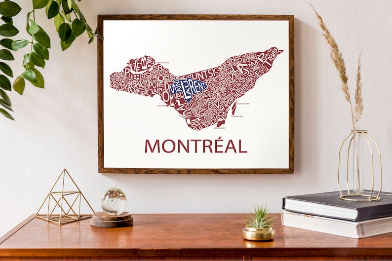 Typographic Map of Montreal, Quebec City Map Print Neighbourhood Map Custom Map Poster Personalized Map Art image 1