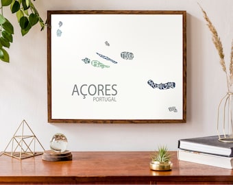 Typographic Map of Azores Islands, Portugal | Portuguese Republic Map Print | São Miguel | Terceira | São Jorge | Faial | Custom Art Poster