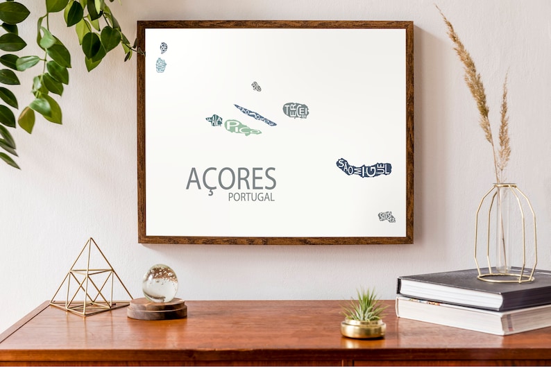 Typographic Map of Azores Islands, Portugal Portuguese Republic Map Print São Miguel Terceira São Jorge Faial Custom Art Poster image 1