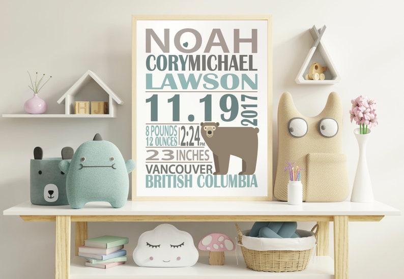 May include: A white poster with a brown bear illustration and the text "Noah Corymichael Lawson 11.19.2017 8 pounds 12 ounces 2:24 PM 23 inches Vancouver British Columbia". The poster is hanging on a white wall above a wooden shelf with various toys and decor.