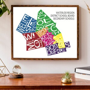 Carte typographique de la région de Waterloo, avec les 16 écoles secondaires | Carte des écoles secondaires de la région de Waterloo | Meilleur cadeau de directeur d'école