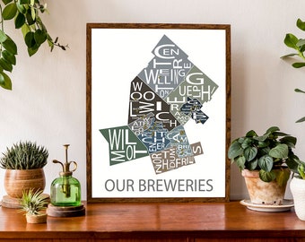 Typographic Map of the Breweries of Waterloo Region and Wellington County | Craft Beer Lovers Map | Breweries Map | Man Cave Decor | Bar Art