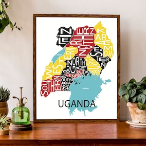 Carte typographique de l'Ouganda | Carte de la République d'Ouganda | Carte des régions ougandaises avec les capitales | Carte de l'Afrique | Poster de carte personnalisé