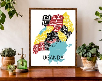 Typographic Map of Uganda | Republic of Uganda Map Print | Ugandan Regions with Capitals Map | African Map | Custom Map Poster