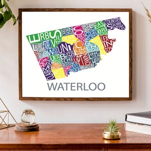 Carte typographique de Waterloo, Ontario | Impression du plan de la ville | Illustrations de carte de quartier | Impression d'art ontarienne | Carte du Canada | Poster de carte personnalisé