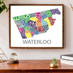 Typographic Map of Waterloo, Ontario | City Map Print | Neighbourhood Map Art | Ontario Art Print | Canadian Map | Custom Map Poster