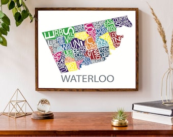 Typographic Map of Waterloo, Ontario | City Map Print | Neighbourhood Map Art | Ontario Art Print | Canadian Map | Custom Map Poster