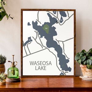 Carte typographique du lac Waseosa, Ontario, Canada | Muskoka Huntsville Area Cottage Carte du pays | | d’impression de carte personnalisée Art cartographique personnalisé