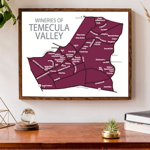 Typografische kaart van Temecula Valley, Californië met wijnhuizen | Wijnhuizen kaart afdrukken | Kaart voor wijnliefhebbers in Californië | Verenigde Staten | VS