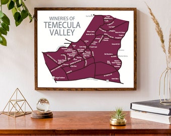Typographic Map of Temecula Valley, California with Wineries | Wineries Map Print | California Wine Lovers Map | United States | USA