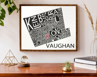 Typographic Map of Vaughan, Ontario | Neighbourhood Map Art | City Map Print | York Region | Custom Map Poster | Personalized Map Print