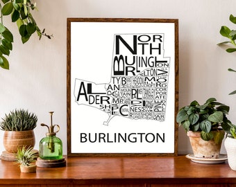 Typographic Map of Burlington | Ontario City Map | Neighbourhood Poster | Halton Region City Map | Custom Map Poster | Personalized Map Art