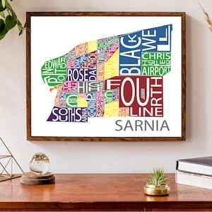 Carte typographique de Sarnia, Ontario | Impression de ville personnalisée | Carte de la ville du comté de Lambton | Carte du Canada | Poster de carte personnalisée | Illustration de carte personnalisée