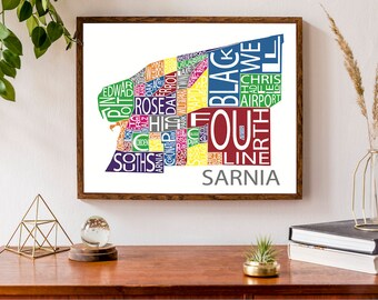 Typographic Map of Sarnia, Ontario | Custom City Print | Lambton County City Map | Canadian Map | Custom Map Poster | Personalized Map Art