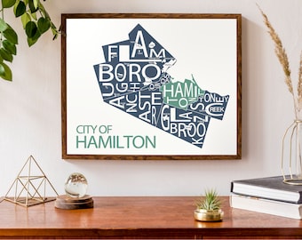 Typographic Map of Hamilton | Hamilton Wentworth Map | City Map Print | Ancaster, Dundas, Flamborough, Glanbrook & Stoney Creek Map | Custom