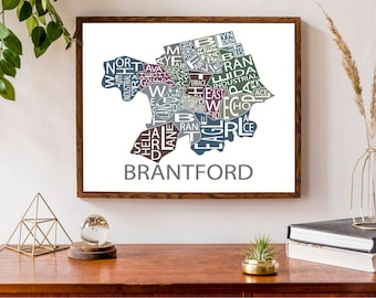 Typographic Map of Brantford, Ontario  | City Map Print | Neighbourhood Map Art | Ontario Map Art | Canadian Map | Custom Map Poster