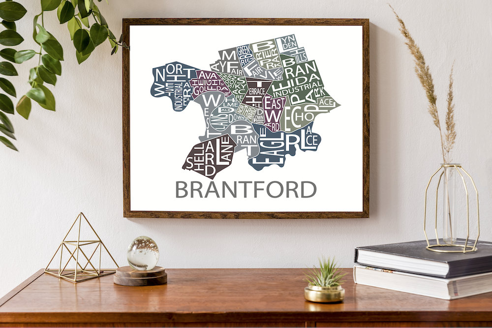 Typographic Map of Brantford, Ontario  | City Map Print | Neighbourhood Map Art | Ontario Map Art | Canadian Map | Custom Map Poster