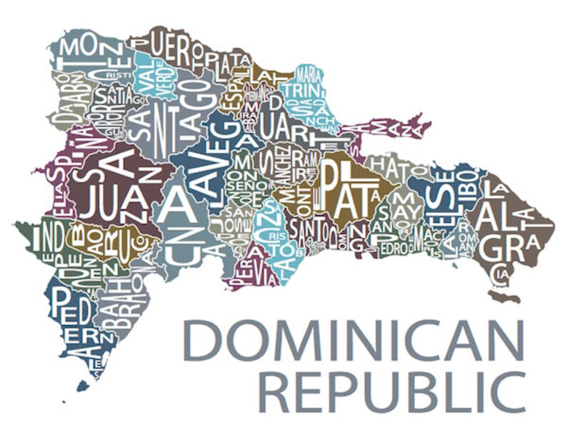 May include: A map of the Dominican Republic with the names of each province written in white text on a colored background. The provinces are outlined in black. The words "Dominican Republic" are written in gray below the map.