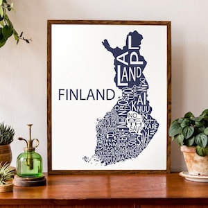 Typografische Landkarte Finnland | Regionen Finnlands | Finnische Karte Drucken | Europakarte | Benutzerdefinierte Karte Poster | Personalisierte Kartenkunst