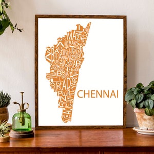Carte typographique du district de Chennai, Tamil Nadu, Inde | Impression de carte du district de Chennai | Carte de l'Inde | Poster de carte personnalisée | Illustration de carte personnalisée