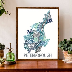 Carte typographique de Peterborough, Ontario | Impression du plan de la ville | Illustrations de carte de quartier | Carte du Canada | Poster de carte personnalisée | Illustration de carte personnalisée