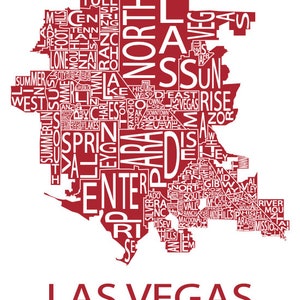 Typographic Map of Las Vegas, Nevada Neighborhood Map City Map Print USA Map Poster Custom Map Poster Personalized Map Art Deep Red