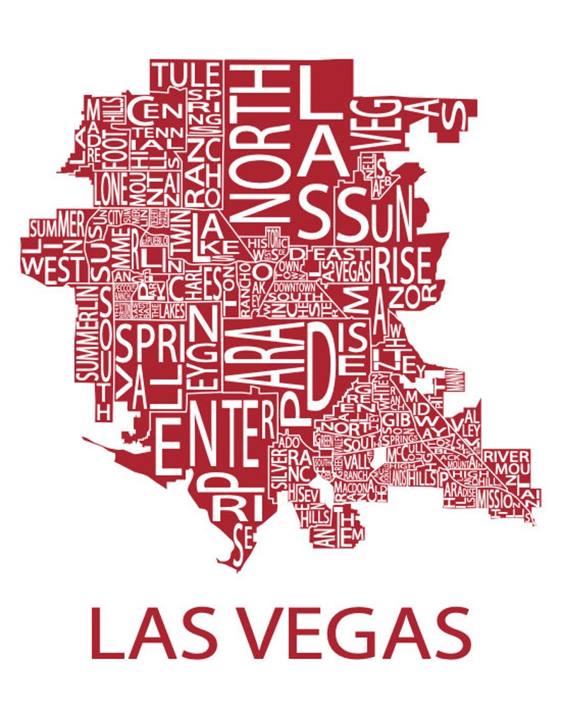 Typographic Map of Las Vegas, Nevada Neighborhood Map City Map Print USA Map Poster Custom Map Poster Personalized Map Art Deep Red