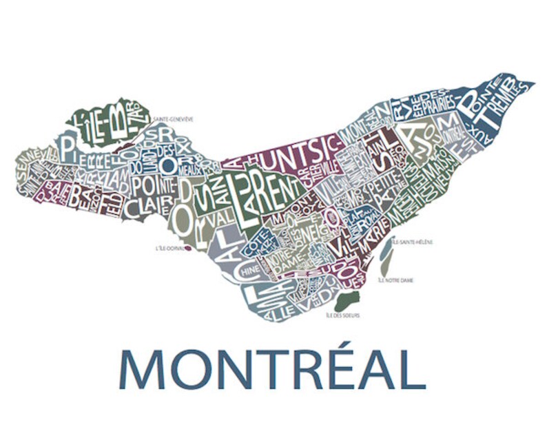 Typographic Map of Montreal, Quebec City Map Print Neighbourhood Map Custom Map Poster Personalized Map Art Multi-Muted (Pic 6)
