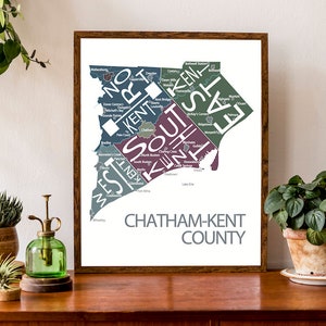 Carte typographique du comté de Chatham-Kent, Ontario | Impression de carte du comté | Affiche de la carte de l'Ontario | Carte du Canada | Carte personnalisée | Illustration de carte personnalisée