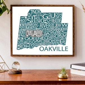 Carte typographique d'Oakville | Carte de la ville de l'Ontario | affiche de quartier | Ville de la région de Halton | Poster de carte personnalisée | Illustration de carte personnalisée